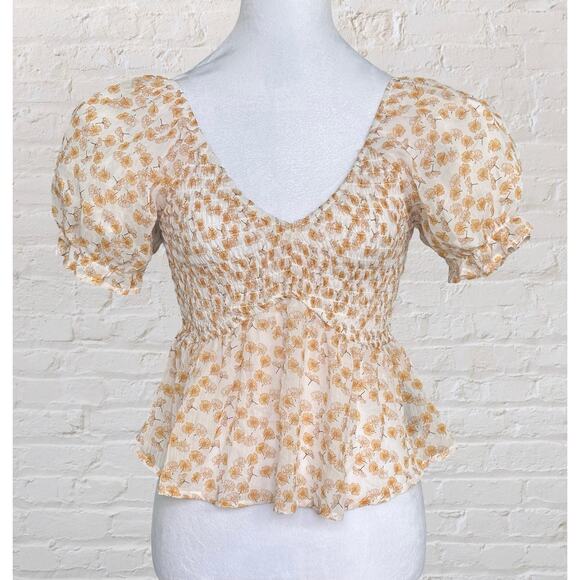 Ash & Violet Yellow White Daisy Floral Puff Sleeve Babydoll Smocked Top M Boho - Picture 5 of 11